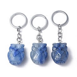 Aventurine Bleue Porte-clés pendentif en aventurine bleue naturelle, avec des découvertes de porte-clés en fer, chouette, 8 cm