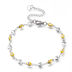 Yellow 304 Stainless Steel Link Bracelets, with Enamel and Lobster Claw Clasps, Evil Eye & Heart, Stainless Steel Color, Yellow, 8-1/8 inch(20.5cm), Eye: 10x4x3.5mm