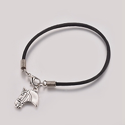 Black Unisex Charm Bracelets, with Cowhide Leather Cord, Tibetan Style Alloy Pendants and Lobster Claw Clasps, Horse, Black, 7-1/4 inch~7-1/2 inch(18.5~19cm)