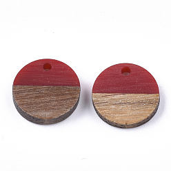 FireBrick Resin & Walnut Wood Pendants, Flat Round, FireBrick, 14~15x3~4mm, Hole: 1.8mm