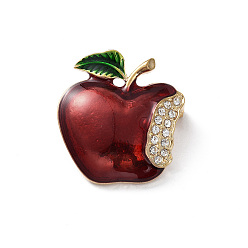 Apple Christmas Theme Rhinestone Brooch Pin, Light Gold Alloy Badge for Backpack Clothes, Apple, 33x30.5x12mm