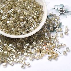 Dark Khaki Glass Seed Beads, Transparent Lustered Glass, Square Hole, Square, Dark Khaki, 4x4x4mm, Hole: 1.2mm, 5000pcs/pound