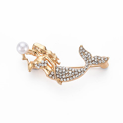 Light Gold Crystal Rhinestone Mermaid Brooch with Imitation Pearl, Fish Alloy Lapel Pin for Backpack Clothes, Nickel Free & Lead Free, Light Gold, 21x42x9mm, Pin: 0.8mm