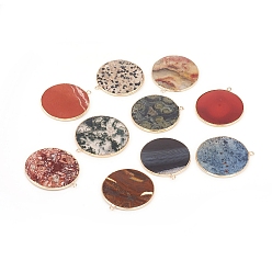 Pierre Mélangete Pendentifs pierres précieuses naturelles mixtes, avec les accessoires en laiton, plat rond, or, 32~34x28.5~31x2mm, Trou: 1.6mm