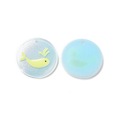 Light Sky Blue Acrylic Pendants, with Enamel and Glitter Powder, Flat Round with Dolphin Pattern, Light Sky Blue, 24x2mm, Hole: 1.5mm