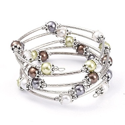 Colorful Five Loops Fashion Wrap Bracelets, with Shell Pearl Beads, 304 Stainless Steel Beads and Steel Memory Wire, Colorful, Inner Diameter: 2-1/4 inch(5.7cm)