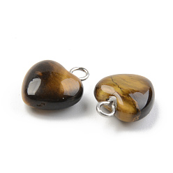 Tiger Eye Natural Tiger Eye Charms, with Platinum Brass Peg Bail, Heart, 13.5~14.5x10.5x5mm, Hole: 1.8mm