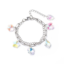 Platinum Colorful Rhinestone Flower & Star & Leaf & Cross Charms Multi-strand Bracelet, 304 Stainless Steel Chains Double Layer Bracelet for Women, Platinum, 7-1/4 inch(18.3cm)