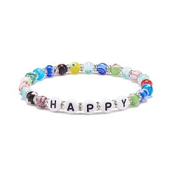 Letter Mot heureux bracelet, Bracelet extensible en perles de verre et lettre acrylique millefiori coloré pour femme, Motif de lettre, diamètre intérieur: 2-1/8 pouce (5.5 cm)