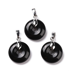 Obsidian Natural Obsidian Pendants, with Platinum Tone Brass Findings, Cadmium Free & Lead Free, Donut/Pi Disc, 24~25x20x8.5mm, Hole: 8x5mm