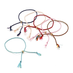 Coloré Fabrication de bracelets coulissants en cordons de coton tressés réglables, avec des perles en laiton plaqué or, colorées, diamètre intérieur: 2-5/8 pouce (6.6 cm)