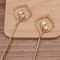 Light Gold Iron Hair Stick Findings, with Alloy Flower and Loops, Light Gold, 156x36x6mm
