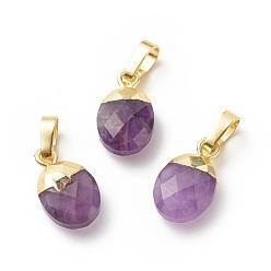 Amethyst Natural Amethyst Charms, with Light Gold Tone Brass Findings, Faceted, Cadmium Free & Lead Free, Oval, 14x8x5mm, Hole: 6x4mm