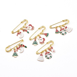 Mixed Color Christmas Theme Iron Safety Brooch, with Alloy Enamel Pendants, Mixed Shapes, Golden, Mixed Color, 33~37mm