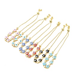 Mixed Color Clear Cubic Zirconia & Enamel Star with Evil Eye Links Slider Bracelet, Gold Plated Brass Jewelry for Women, Lead Free & Cadmium Free, Mixed Color, 10-5/8 inch(27cm)