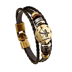 Sagittaire Bracelets multibrins cordon cuir de vachette tressé, bracelet constellation pour homme, avec perle en bois et fermoir en alliage, Sagittaire, 7-7/8~8-1/2 pouce (20~21.5 cm)