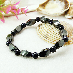 Agate Noire Bracelets extensibles ronds en agate noire naturelle (teints), avec perles d'hématite synthétiques non magnétiques et cordon élastique, 50mm