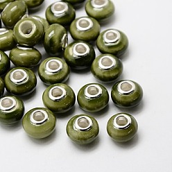 Светло-зеленый Коричневый Фарфора ручной работы европейский бусины, с двойными сердечниками серебрянного цвета из латуни, рондель, оливковый, 15x10~11 мм, отверстие : 5 мм
