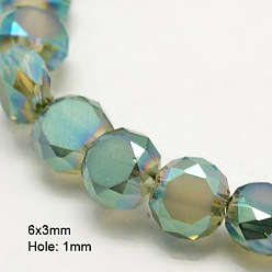 Light Sea Green Electroplate Glass Beads, Half Plated, Faceted, Frosted, Flat Round, Light Sea Green, 6x3mm, Hole: 1mm