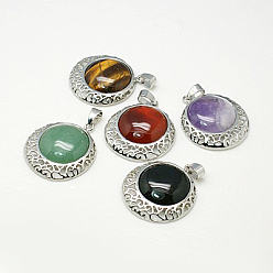 Mixed Stone Natural Mixed Gemstone Pendants, with Brass Findings, Flat Round, Platinum Metal Color, 30x7mm, Tray: 21mm, Hole: 7x4mm