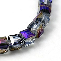 Pourpre Moyen Perles en verre electroplate, arc-en-ciel plaqué, facette, cube, support violet, 10~11x10~11x10~11mm, Trou: 1mm