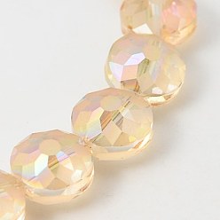 Light Salmon Electorplated Glass Beads, Rainbow Plated, Faceted, Flat Round, Light Salmon, 14x9mm, Hole: 1mm