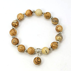 Jaspe Image Bracelets de perles de pierre gemme de mode, bracelets élastiques, avec des perles anciennes en alliage d'argent, jaspe, 55mm