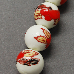 Красный Ручной печатный шарики фарфора, круглые, красные, 12 мм, отверстие : 2 мм