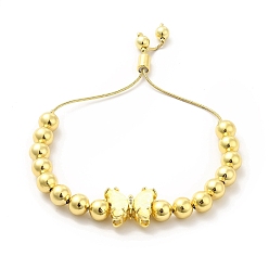 Light Yellow Rack Plating Brass Round Bead Slider Bracelets for Women, Long-Lasting Plated Glass Butterfly Adjustable Bracelets, Nickel Free & Lead Free, Real 18K Gold Plated, Light Yellow, Inner Diameter: 1-1/2~2-7/8 inch(3.7cm~7.2cm)