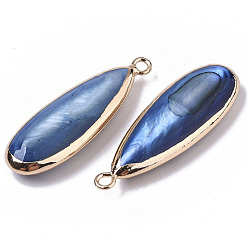 Marine Blue Natural Freshwater Shell Pendants, with Iron Loops, Edge Golden Plated, Dyed, Teardrop, Marine Blue, 31~33x10.5~12x5mm, Hole: 1.8mm