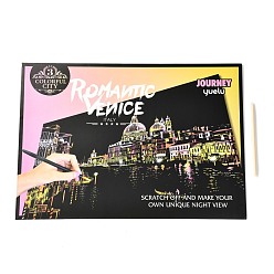 Autres Papier d'art peinture arc-en-ciel à gratter, bricolage vue nocturne de la ville, avec du papier cartonné et des bâtons, Venise, Italie, 40.5x28.4x0.05 cm