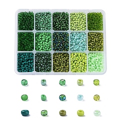 Vert 8/0 perles de rocaille de verre, couleurs transparentes et givrées et peinture de cuisson et couleurs opaques couleurs lustrées et opaques et trans. couleurs lustrées et doublées d'argent et transparentes couleurs arc-en-ciel et ceylon, ronde, verte, 8/0, 3mm, Trou: 1mm, 15 couleur, 20 g / couleur, 300 g / boîte