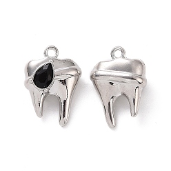 Black Rack Plating Alloy Glass Pendants, Cadmium Free & Lead Free & Nickle Free, Faceted, Tooth Charms with Teardrop, Platinum, Black, 19x13.5x7mm, Hole: 1.4mm