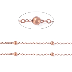 Red Copper Brass Flat Oval Cable Chains, Satellite Chains, with Round Beads, Unwelded, with Spool, Cadmium Free & Nickel Free & Lead Free, Red Copper, 2.2x1.7x0.23mm, Bead: 3.5mm, about 301.83 Feet(92m)/roll