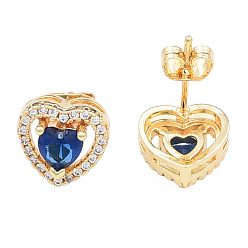 Bleu Marine Boucles d'oreilles clous coeur zircone cubique, bijoux en laiton doré pour femme, sans nickel, bleu marine, 10x10.5mm, pin: 0.7 mm