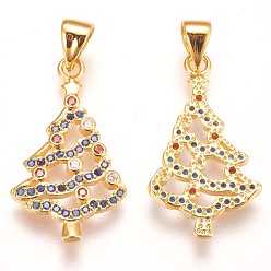 Golden Brass Micro Pave Cubic Zirconia Pendants, Christmas Tree, Colorful, Golden, 23x13x2mm, Hole: 3x5mm