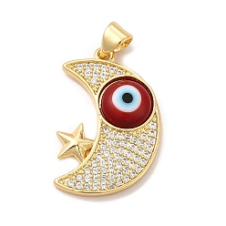 FireBrick Rack Plating Brass Micro Pave Clear Cubic Zirconia Pendants, with Handmade Evil Eye Lampwork, Cadmium Free & Lead Free, Long-Lasting Real 18K Gold Plated, Moon with Star Charm, FireBrick, 25x16.5x4mm, Hole: 5x3.5mm