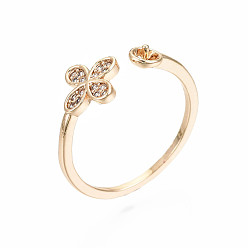 Real 18K Gold Plated Brass Micro Pave Clear Cubic Zirconia Peg Bails Cuff Finger Ring Settings, for Half Drilled Bead, Nickel Free, Flower, Real 18K Gold Plated, US Size 5 1/2(16mm), pin: 0.6mm(for half drilled bead)