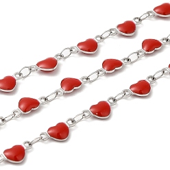 FireBrick 304 Stainless Steel Heart Link Chain, with Enamel, Soldered, FireBrick, 10x5x2.7mm