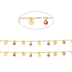 Real 18K Gold Plated Red Enamel Evil Eyes Charm Chains, with Brass Bar Link Chains, Soldered, with Spool, Real 18K Gold Plated, 12.5x2x0.5mm