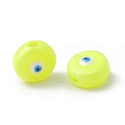 Yellow Glass Beads, with Enamel, Flat Round with Evil Eye Pattern, Yellow, 14~14.5x9mm, Hole: 1.2mm