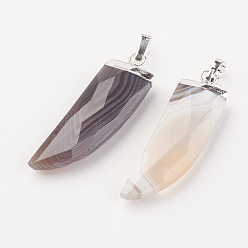 Banded Agate Natural Striped Agate/Banded Agate Pendants, with Brass Findings, Dagger, Faceted, Silver, 34~35x10~11x4.5~5.5mm, Hole: 4x6mm