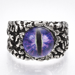 Blue Violet Alloy Glass Cuff Finger Rings, Wide Band Rings, Dragon Eye, Antique Silver, Blue Violet, Size 10, 20mm