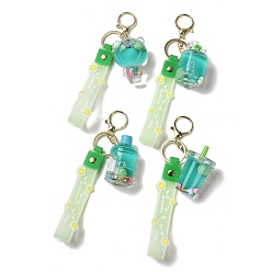 Light Sea Green Mixed Bottle Acrylic Pendant Keychain Decoration, Liquid Quicksand Floating Frog Handbag Accessories, with Alloy Findings, Light Sea Green, 22~23cm