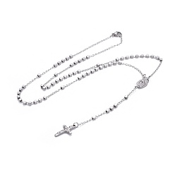 Stainless Steel Color 304 Stainless Steel Rosary Bead Necklaces for Easter, Crucifix Cross and Virgin Mary, Stainless Steel Color, 21 inch(53.5cm)