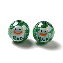 Dark Green AB Color Transparent Crackle Acrylic Round Beads, Halloween Ghost Beads, with Enamel, Dark Green, 19.5x20.5mm, Hole: 3mm