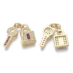 Red Brass Micro Pave Cubic Zirconia Pendants, with Enamel and Jump Rings, Nickel Free, Lock & Key, Real 16K Gold Plated, Fuchsia, Lock: 11x8x2.5mm, Key: 16x6.5x2mm, Hole: 3mm
