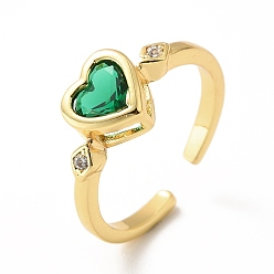 Verde Anillo de puño abierto con corazón de circonita cúbica, joyas de latón chapado en oro real 18k para mujer, sin plomo y el cadmio, verde, tamaño de EE. UU. 5 1/2 (16.1 mm)