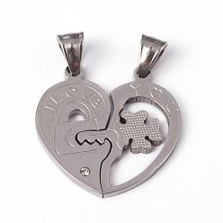 Stainless Steel Color 304 Stainless Steel Pendants, Couple Pendants, Split Heart, with Rhinestones, Word I Love You, For Valentine's Day, Stainless Steel Color, 31x31x2.5mm, Hole: 5x8mm