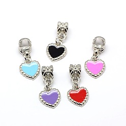 Mixed Color Large Hole Alloy Enamel European Dangle Pendants, Heart for Valentine's Day, Platinum Metal Color, Mixed Color, 26mm, Hole: 4.5mm